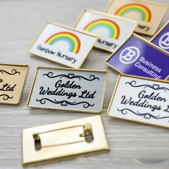 Personalised 33x20mm Gold Metal Pin Brooch Name Badges