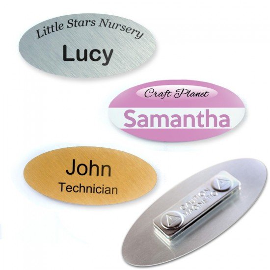 Personalised Oval 70x33mm Metal Name Badges (MAGNET Fastening) Personalised Oval 70x33mm Metal Name Badges (MAGNET Fastening)