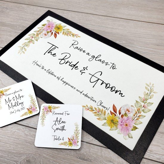 Personalised Wedding Mr & Mrs Bar Mat - Yellow Floral Personalised Wedding Mr & Mrs Bar Mat - Yellow Floral