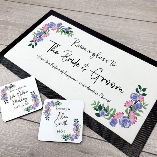 Personalised Wedding Mr & Mrs Bar Mat - Lilac Floral
