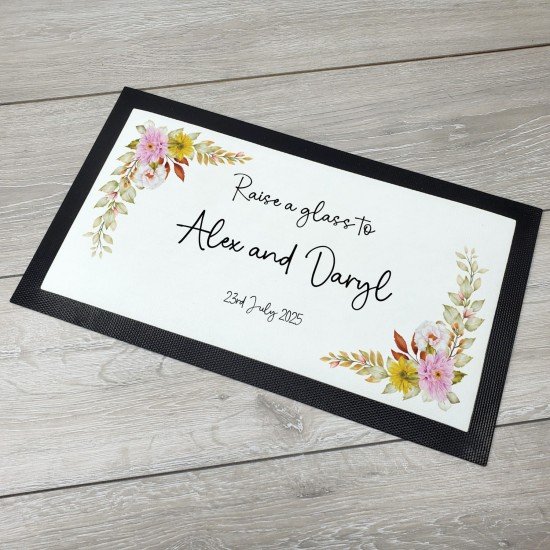 Personalised Wedding Mr & Mrs Bar Mat - Yellow Floral Personalised Wedding Mr & Mrs Bar Mat - Yellow Floral