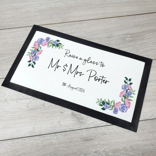 Personalised Wedding Mr & Mrs Bar Mat - Lilac Floral