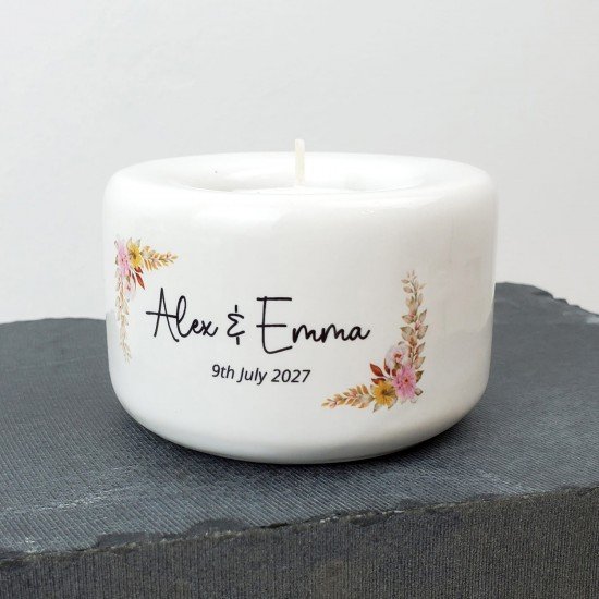 Personalised Floral Yellow/Pink Wedding Couple Candle Holder