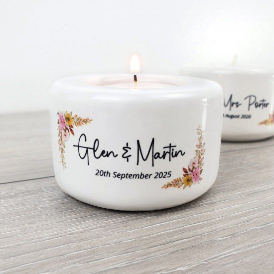Personalised Floral Yellow/Pink Wedding Couple Candle Holder