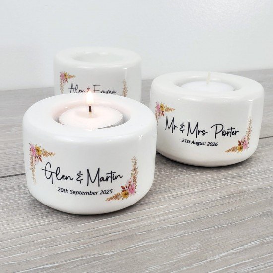 Personalised Floral Yellow/Pink Wedding Couple Candle Holder