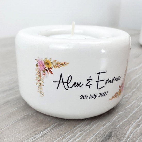 Personalised Floral Yellow/Pink Wedding Couple Candle Holder