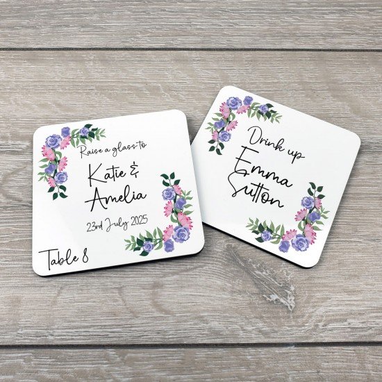 Personalised Floral Wedding Drinks Coaster - Lilac Personalised Floral Wedding Drinks Coaster - Lilac