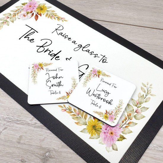 Personalised Floral Wedding Drinks Coaster - Yellow Pink Personalised Floral Wedding Drinks Coaster - Yellow Pink