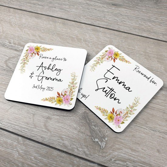 Personalised Floral Wedding Drinks Coaster - Yellow Pink Personalised Floral Wedding Drinks Coaster - Yellow Pink