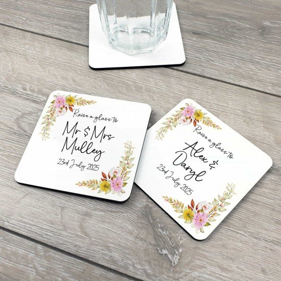 Personalised Floral Wedding Drinks Coaster - Yellow Pink Personalised Floral Wedding Drinks Coaster - Yellow Pink