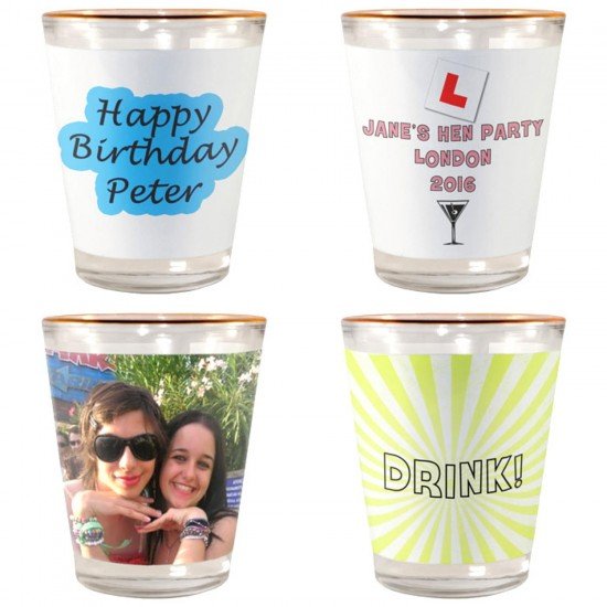 Add Your Own Photos And Custom Text To Create A Unique Shot Glass. Personalised Photo & Text Shot Glass - Gold Rim